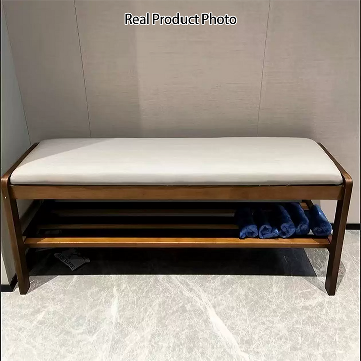 Banco zapatero rectangular de madera de caucho y cuero antirrayaduras estilo escandinavo contemporáneo con 1 estante para recibidores 