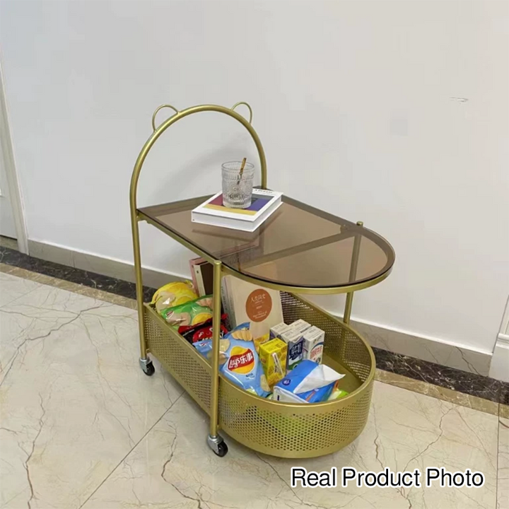 Mesa auxiliar moderna ecléctica ovalada de vidrio y acero al carbono con 1 estante para sala de estar 
