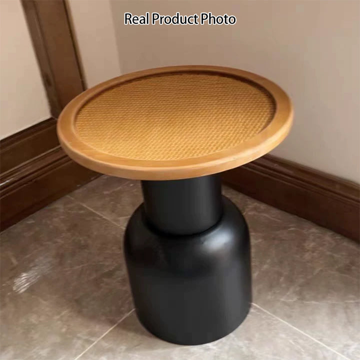 Traditional Vintage Round Rattan Iron Pine Coffee Table 1-Tier For Living Room