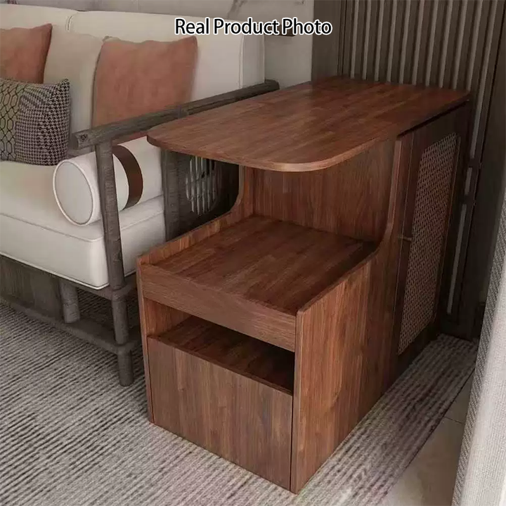 Mesa auxiliar giratoria contemporánea retro de rectángulo de plástico tejido con tablero ecológico de madera maciza con 1 gabinete para sala de estar 