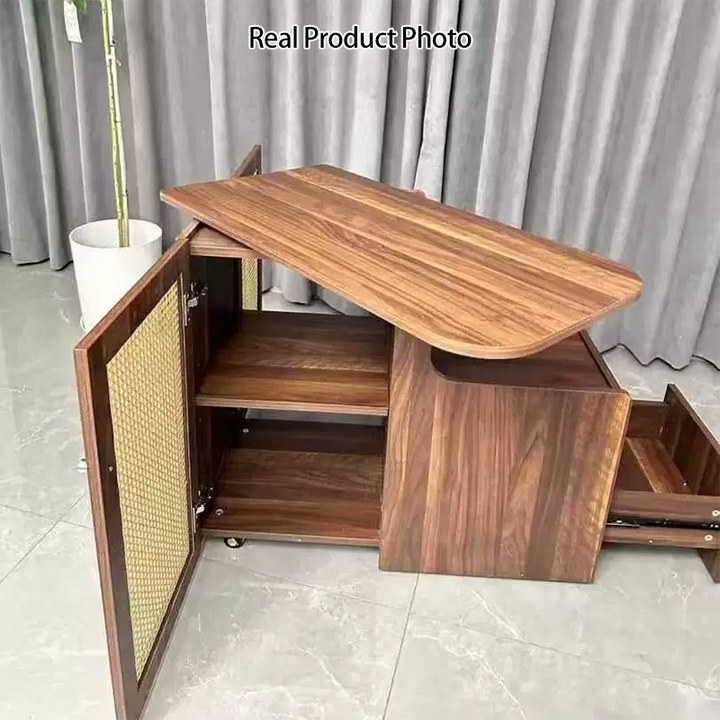 Mesa auxiliar giratoria contemporánea retro de rectángulo de plástico tejido con tablero ecológico de madera maciza con 1 gabinete para sala de estar 