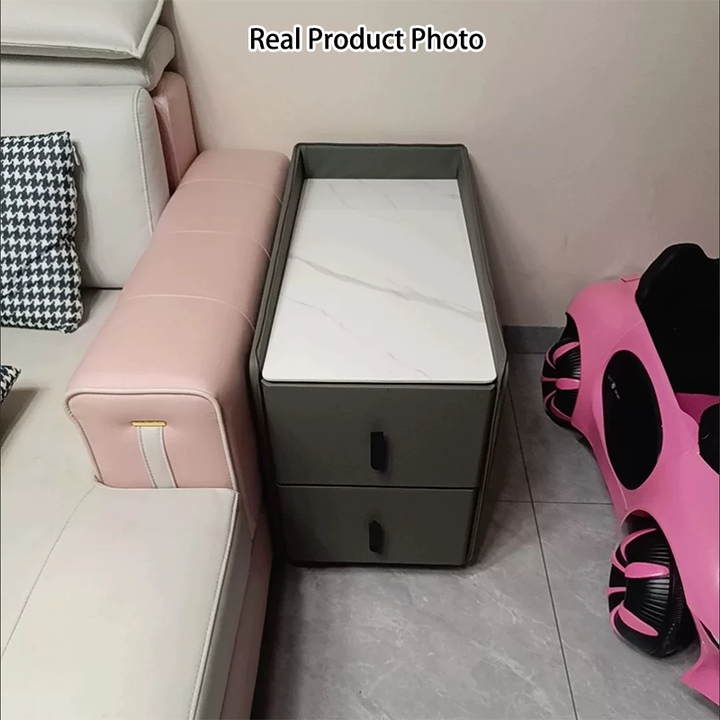 Modern Minimalist Rectangular Plywood Cat-Scratch Resistant Leather Stone Slab Solid Wood End Table 2-Drawer Movable For Living Room
