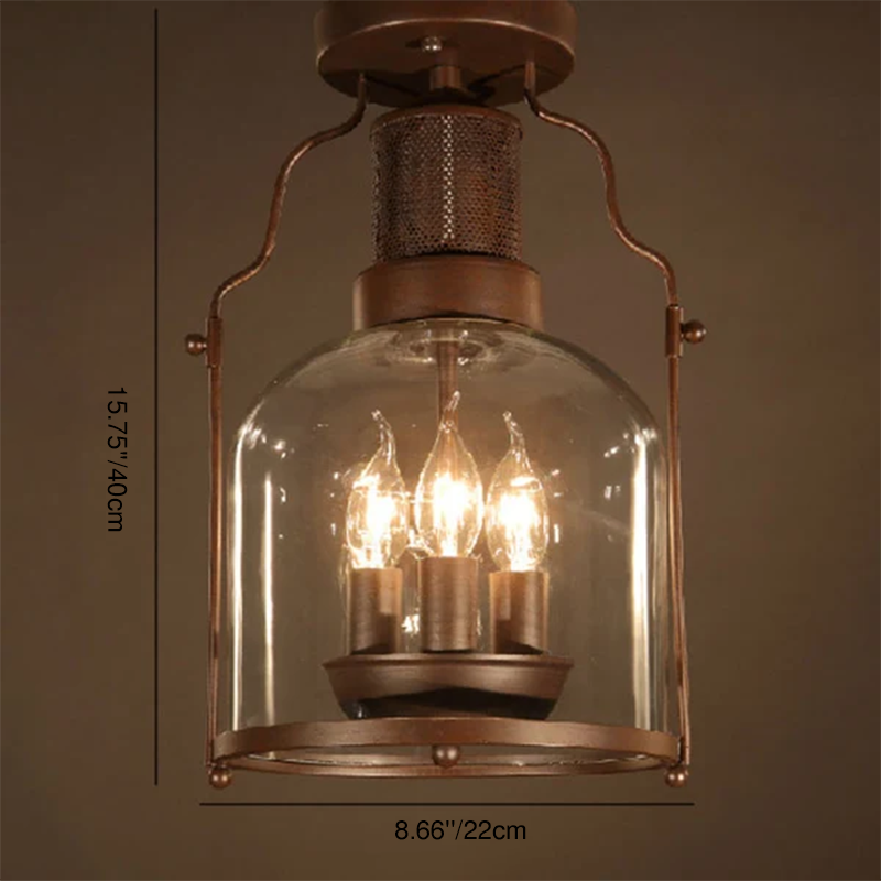 Traditional Vintage Antique Iron Glass Lantern 3-Light Semi-Flush Mount Ceiling Light