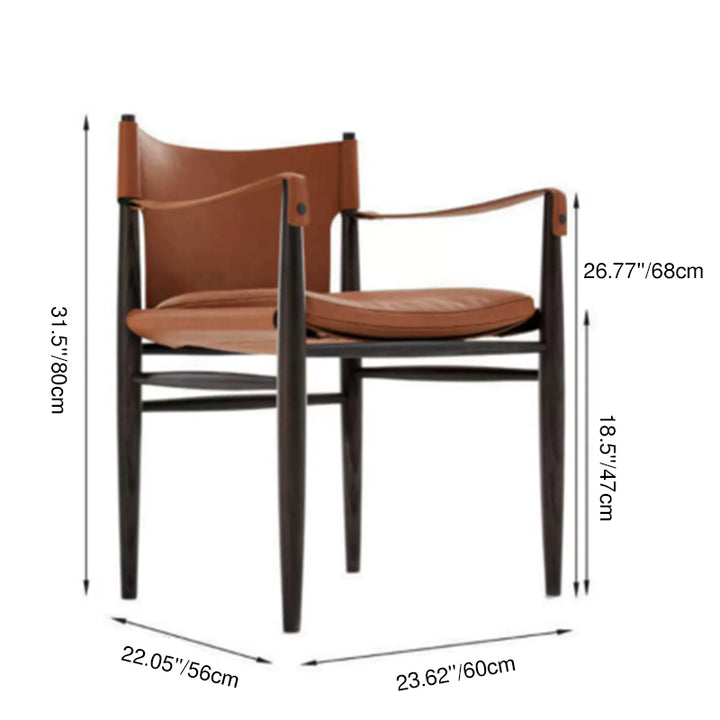 Moderner minimalistischer Esszimmerstuhl mit quadratischem Sitzkissen aus Eschenholz, Kunstsattelleder und Schaumstoff, mit Rückenlehne und Armlehnen, für das Esszimmer 