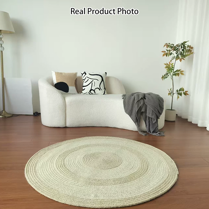 Traditional Japanese Round Wool Jute Blend Non-Slip Hand-Woven Textured Weave Rug For Living Room