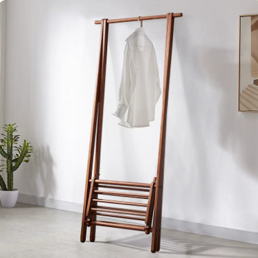 Modern Minimalist Foldable Solid Ash Wood Garment Rack With 2 Storage Shelves - Freestanding Clothes Rack