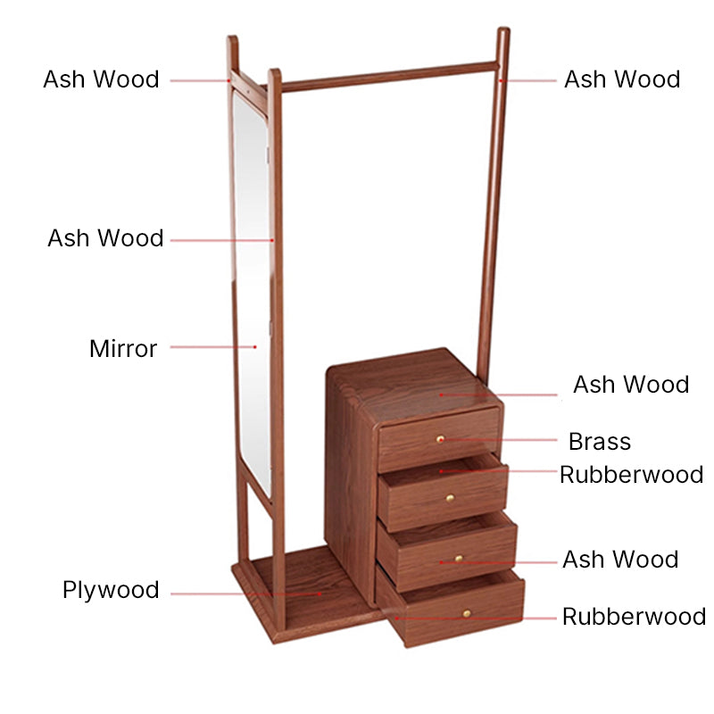 All-In-One Solid Ash &amp; Rubber Wood Hall Tree - Combined Mirror 4-Tier Storage Cabinet Hanging Rack For Bedroom &amp; Entryway