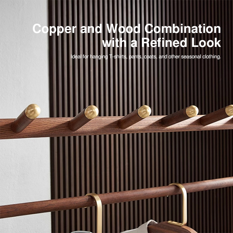 Traditional Chinese Solid Ash Wood Garment Rack - Brass Accent Coat Stand With Double Tier Slatted Storage Shelves For Bedroom &amp; Entryway