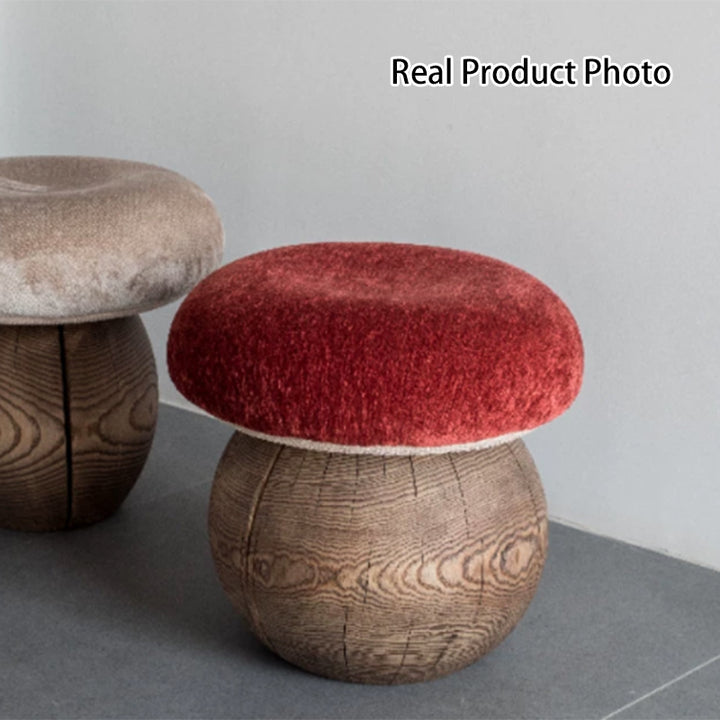 Tabouret bas moderne minimaliste en bois massif en forme de champignon avec coussin en mousse recouvert de tissu pour salon 