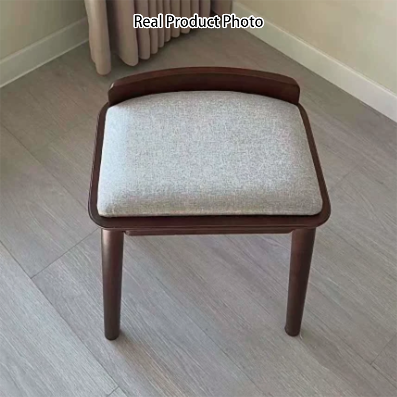 Modern Minimalist Solid Wood Fabric Rounded Corner Vanity Stool With Backrest For Bedroom &amp; Living Room