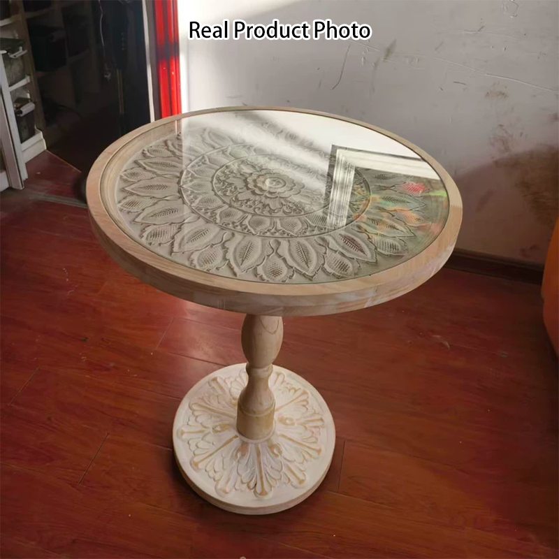 Traditional Vintage Round MDF Cedar Wood Glass Carved End Table For Living Room