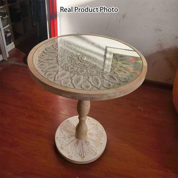 Traditional Vintage Round MDF Cedar Wood Glass Carved End Table For Living Room
