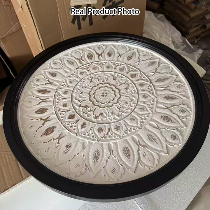 Traditional Vintage Round MDF Cedar Wood Glass Carved End Table For Living Room