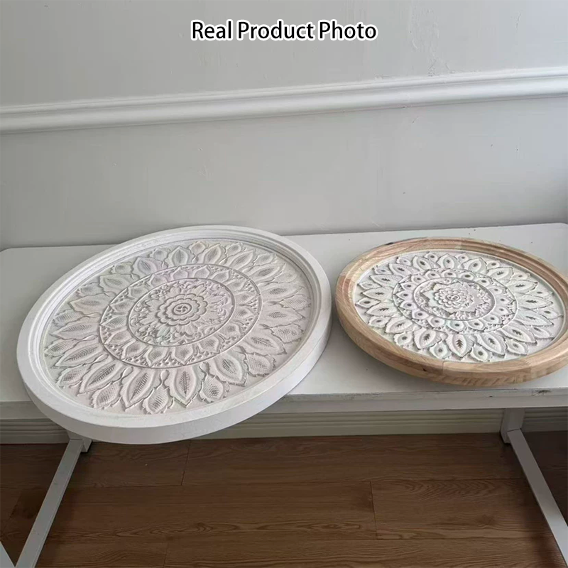 Traditional Vintage Round MDF Cedar Wood Glass Carved End Table For Living Room