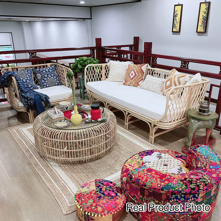 Traditional Vintage Round Genuine Rattan Glass Coffee Table Openwork Design For Living Room