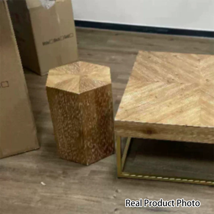 Traditional Vintage Hexagonal Cedar Wood End Table With Non-Slip Feet Medium Density Fiberboard Base For Living Room