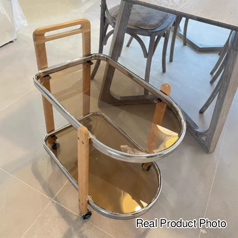 Modern Minimalist Removable Oval Rubberwood Glass Stainless Steel Side Table 2-Tier For Living Room