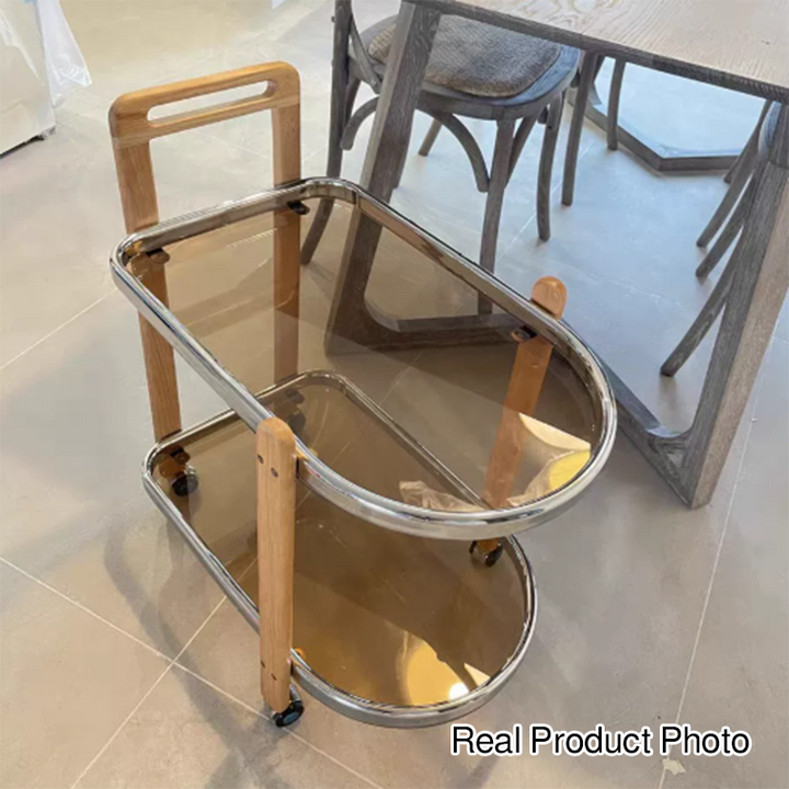 Modern Minimalist Removable Oval Rubberwood Glass Stainless Steel Side Table 2-Tier For Living Room