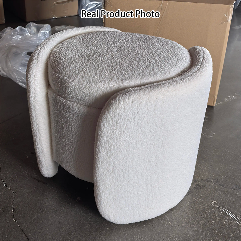 Contemporary Nordic Cream Storable Round Cylinder Solid Wood Sherpa Fabric Vanity Stool For Bedroom