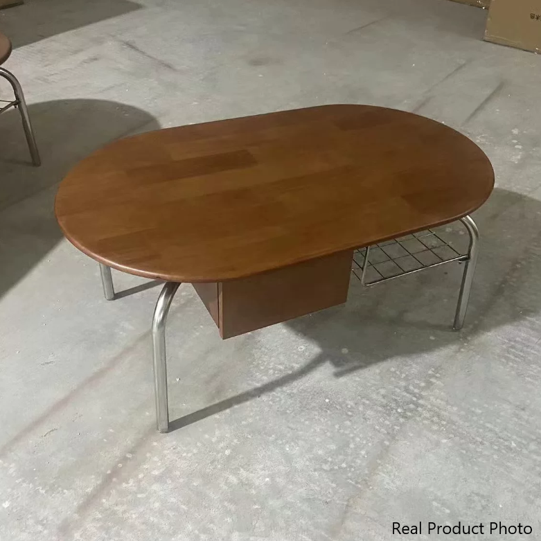 Traditioneller ovaler Vintage-Beistelltisch aus Tannenholz, Gummibaumholz, Sperrholz und Edelstahl mit 4 Beinen und 1 Schublade für das Wohnzimmer 