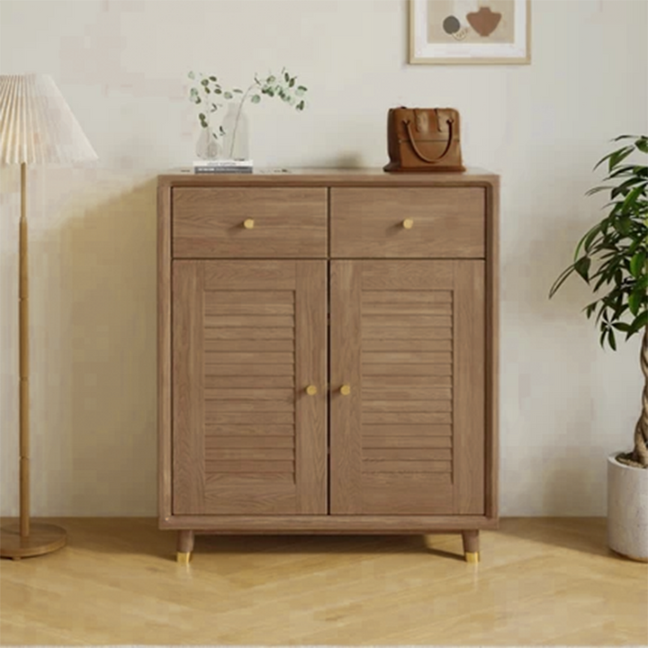Moderner minimalistischer Schuhschrank aus Massivholz & Sperrholz in rechteckiger Form mit 2 Schubladen & 1 Staufach für Eingangsbereich & Wohnzimmer 