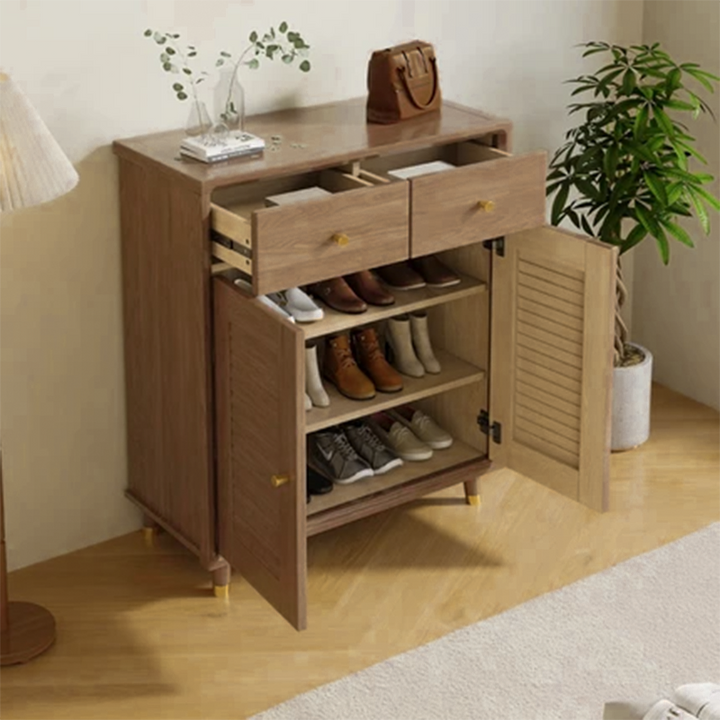 Moderner minimalistischer Schuhschrank aus Massivholz & Sperrholz in rechteckiger Form mit 2 Schubladen & 1 Staufach für Eingangsbereich & Wohnzimmer 