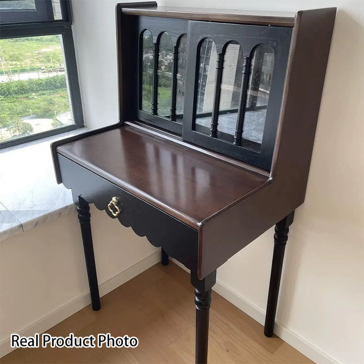 Traditioneller rechteckiger Vintage-Schminktisch aus Kiefernholz und Glas mit 1 Schublade fürs Schlafzimmer 