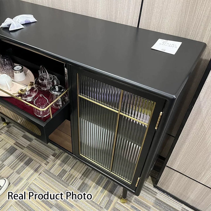 Table console moderne de luxe rectangulaire en bois, acier inoxydable, verre et cuivre avec 1 armoire pour entrée 