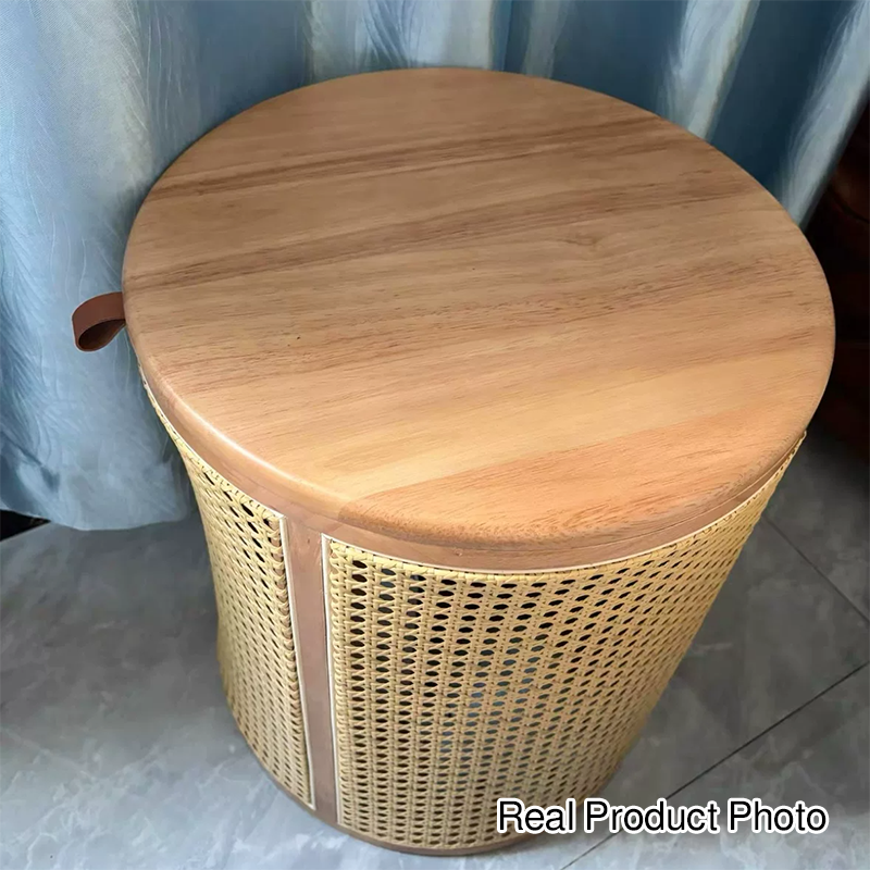 Traditional Japanese Cylinder Rubberwood Plastic Rattan End Table 1-Storage For Living Room