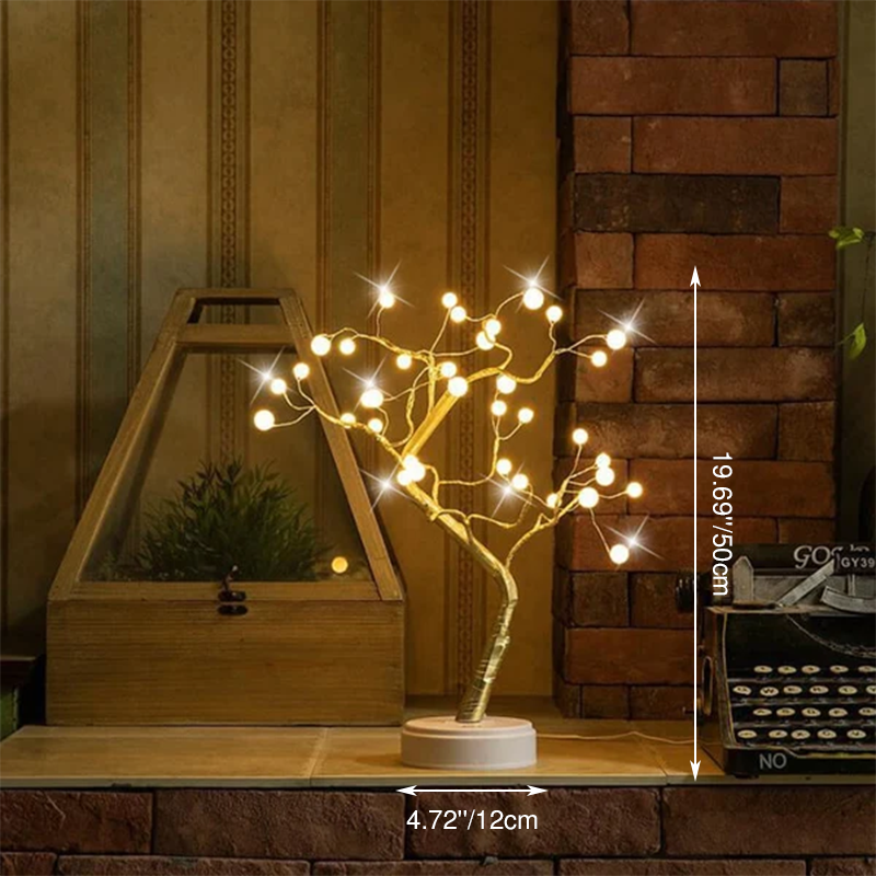 Lámpara de mesa LED contemporánea y creativa con pequeño árbol de perlas, cobre y PVC, 36 luces y control remoto para dormitorio 