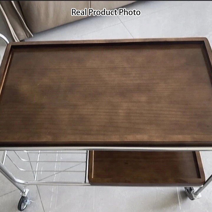 Modern Mid-Century Rectangular Trolley Pine Plywood Iron Side Table 2-Tier Movable For Living Room