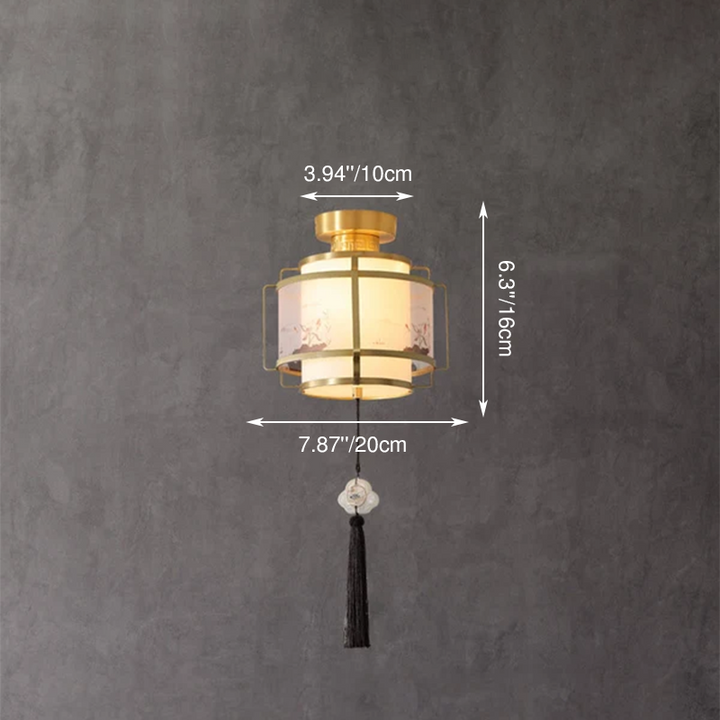 Modern Chinese Copper Fabric Round Tassel 1-Light Semi-Flush Mount Ceiling Light For Living Room