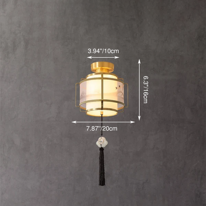 Modern Chinese Copper Fabric Round Tassel 1-Light Semi-Flush Mount Ceiling Light For Living Room