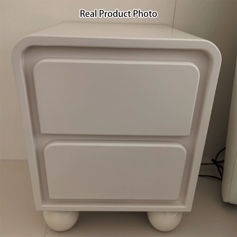 Modern Minimalist Cream Rectangular Round Corner Ball Base Plywood Pine Nightstand 2-Drawer For Bedroom