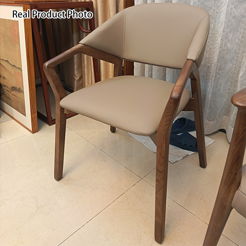 Modern Minimalist Square Faux Leather Ash Wood Dining Chair Curved Backrest For Dining Room