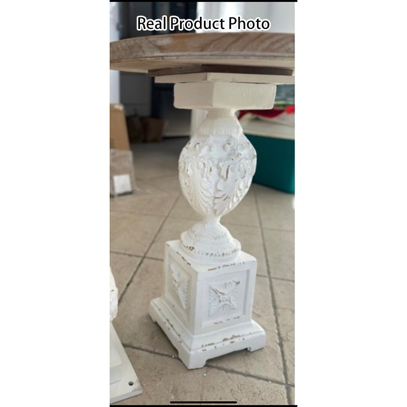 Traditional French Round Square Base Carved Magnesium Oxide Chinese Fir End Table For Living Room