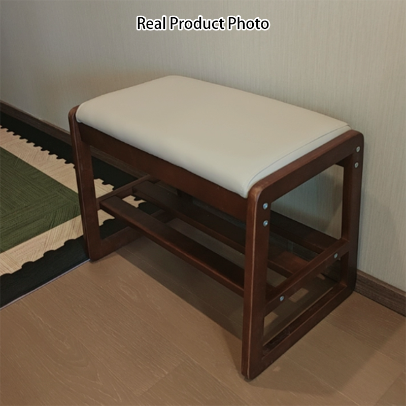 Modern Minimalist Rectangular Rubberwood Faux Leather Shoe Storage Benche For Entryways