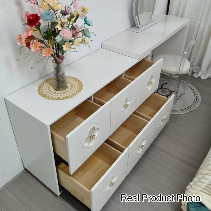 Traditional French Plywood Pine Wood Rectangular Clover Pattern Makeup Vanity &amp; Chair Set With Mirror And 6 Drawers For Bedroom