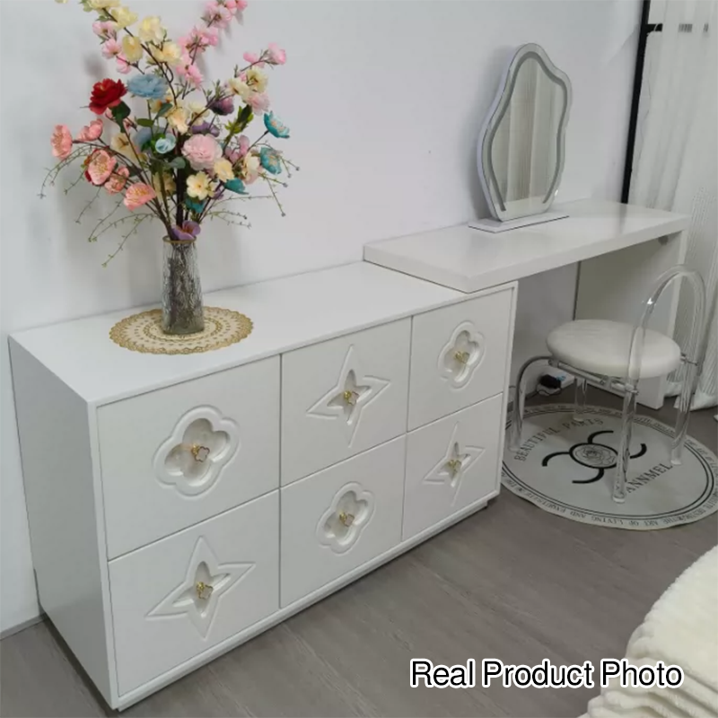 Traditional French Plywood Pine Wood Rectangular Clover Pattern Makeup Vanity &amp; Chair Set With Mirror And 6 Drawers For Bedroom