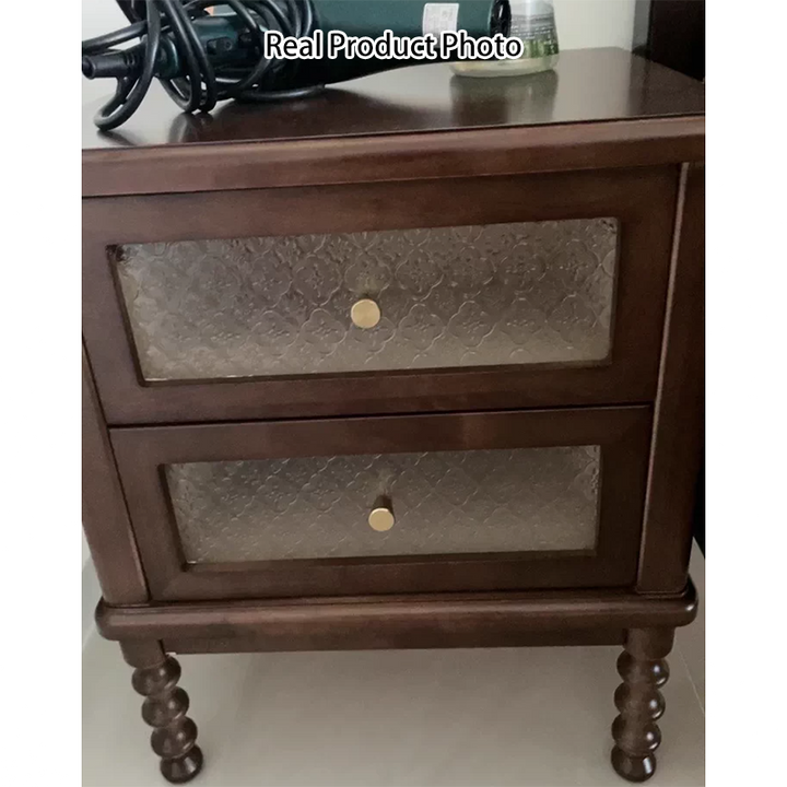 Mesita de noche rectangular contemporánea retro de madera de caucho, vidrio y metal con 2 cajones para almacenamiento junto a la cama 