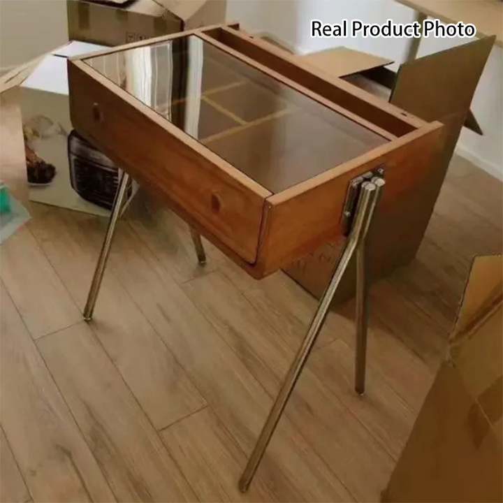 Tocador de maquillaje rectangular contemporáneo retro de madera maciza, acero inoxidable y vidrio con 1 cajón de almacenamiento para el dormitorio 