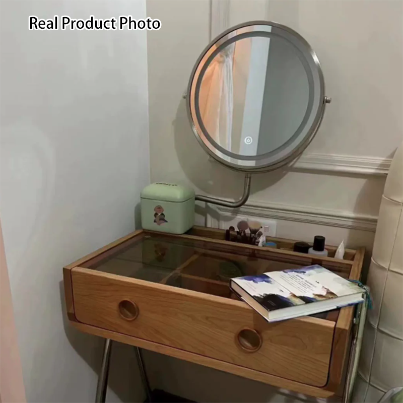 Tocador de maquillaje rectangular contemporáneo retro de madera maciza, acero inoxidable y vidrio con 1 cajón de almacenamiento para el dormitorio 