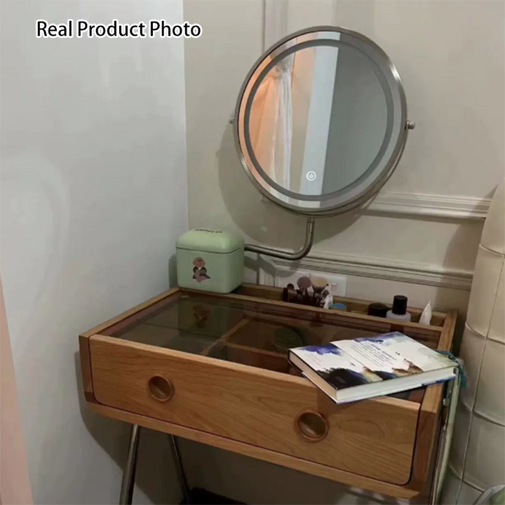 Tocador de maquillaje rectangular contemporáneo retro de madera maciza, acero inoxidable y vidrio con 1 cajón de almacenamiento para el dormitorio 
