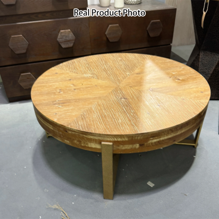 Traditional Vintage MDF Chinese Fir &amp; Iron Round Low Coffee Table With X-Shaped Leg For Living Room