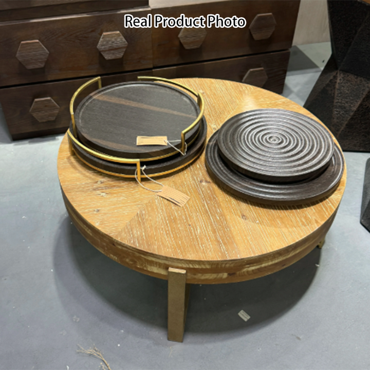 Traditional Vintage MDF Chinese Fir &amp; Iron Round Low Coffee Table With X-Shaped Leg For Living Room