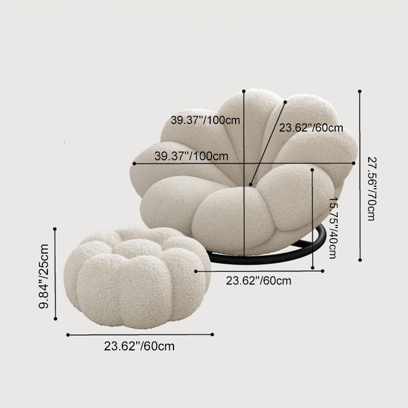Moderner skandinavischer Dreh-Loungesessel in Blütenblattform aus Teddy-Fleece und Stahl mit Rückenlehne &amp; Fußstütze für Wohnzimmer &amp; Schlafzimmer 