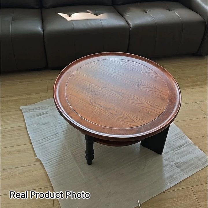 Contemporary Retro Rubberwood Round Roman Column Coffee Table 2 Tiers For Living Room