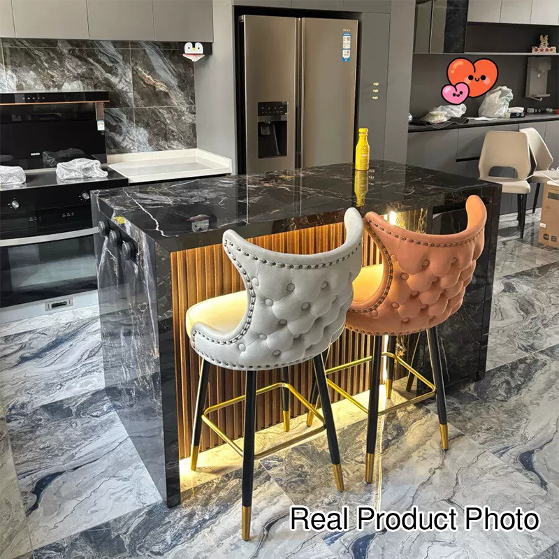 Modern Luxury Synthetic Fabric &amp; Velvet Iron Wingback Nailhead Trim Bar Stool Backrest &amp; Footrest For Kitchen &amp; Bar