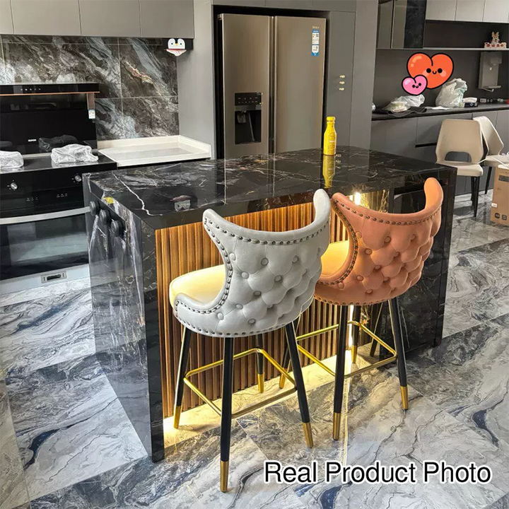 Modern Luxury Synthetic Fabric &amp; Velvet Iron Wingback Nailhead Trim Bar Stool Backrest &amp; Footrest For Kitchen &amp; Bar
