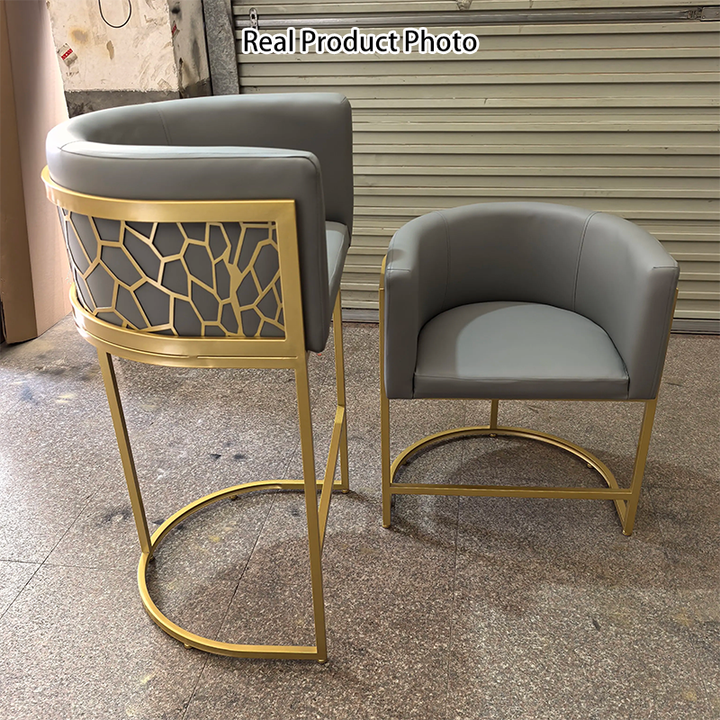 Modern Luxury Faux Leather &amp; Metal Curved Oval Bar Stool With Armrests &amp; Footrest For Kitchen &amp; Bar Counter